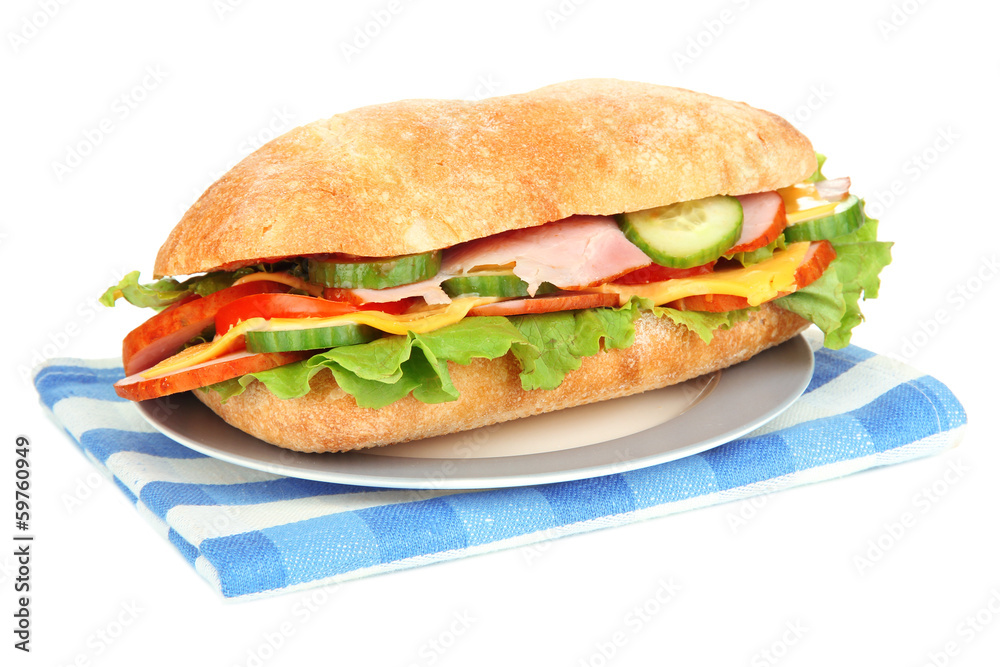 Fresh and tasty sandwich with ham and vegetables isolated Fresh and tasty sandwich with ham and vegetables isolated