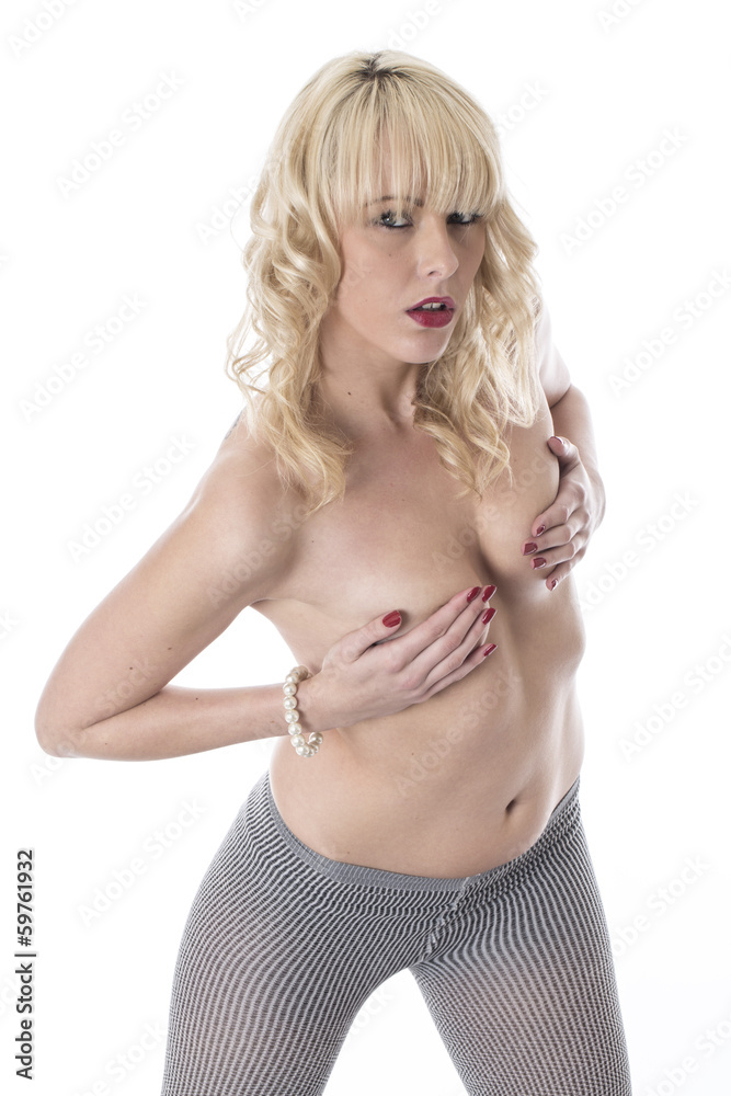 Obraz premium Sexy Topless Young Woman Posing in Tights