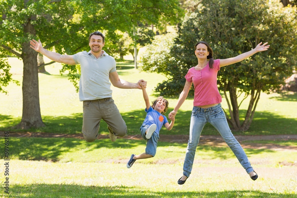 Obraz premium Family of three holding hands and jumping at park