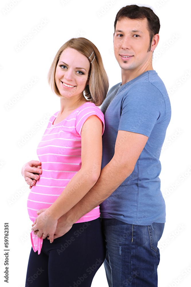 Young pregnant woman with her husband isolated on white Young pregnant woman with her husband isolated on white