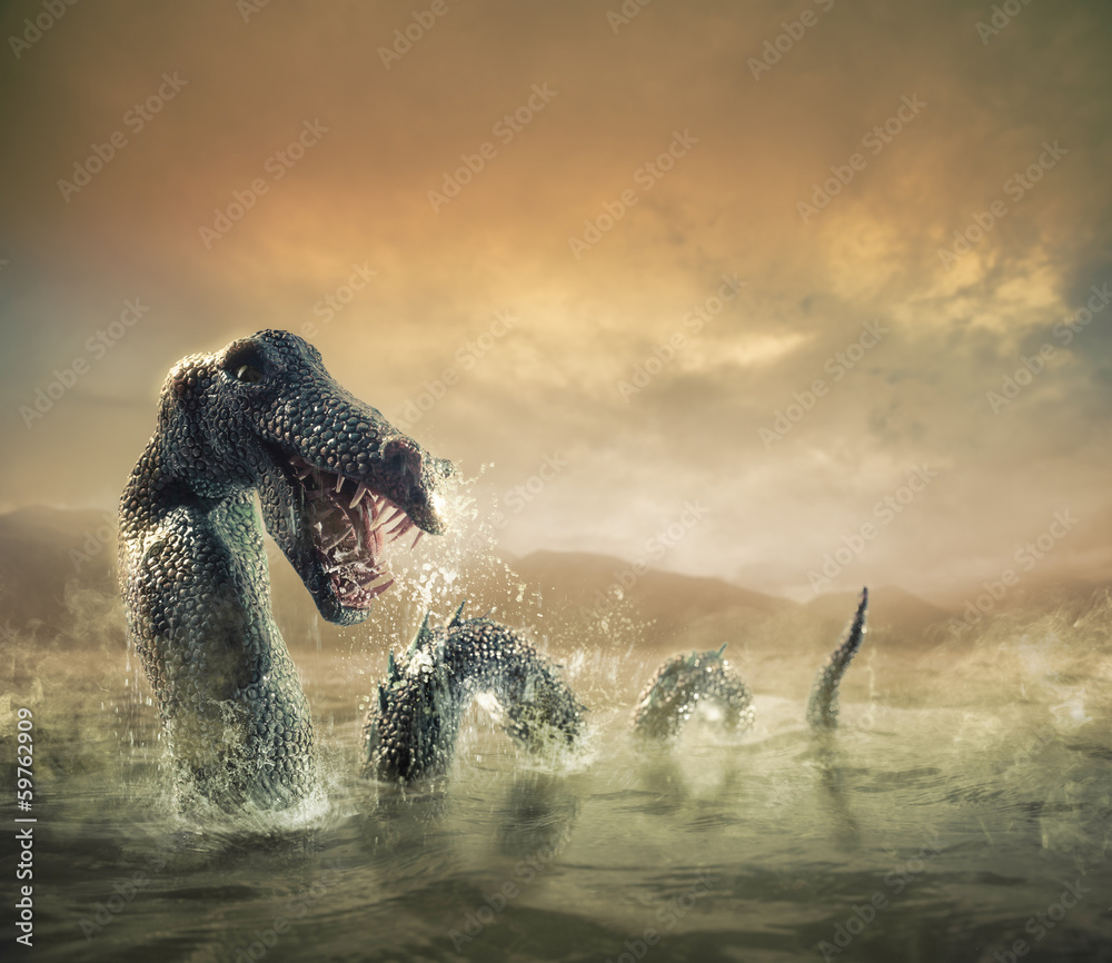 Fototapeta premium Scary Loch Ness Monster emerging from water