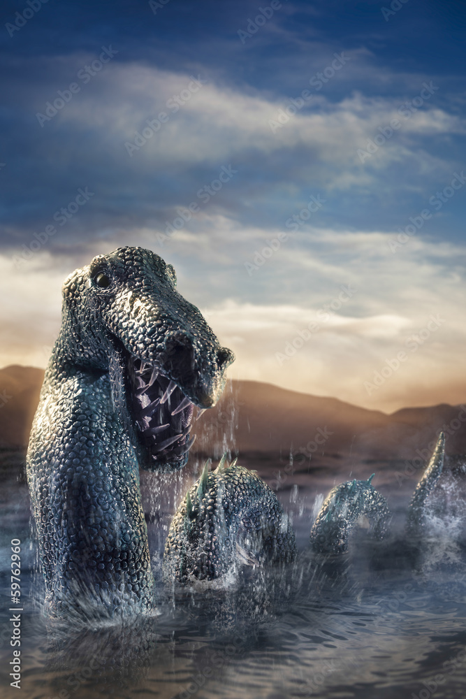 Obraz premium Scary Loch Ness Monster emerging from water