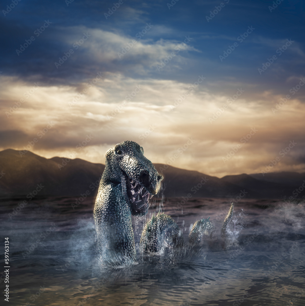 Naklejka premium Straszny potwór z Loch Ness wyłaniający się z wody
