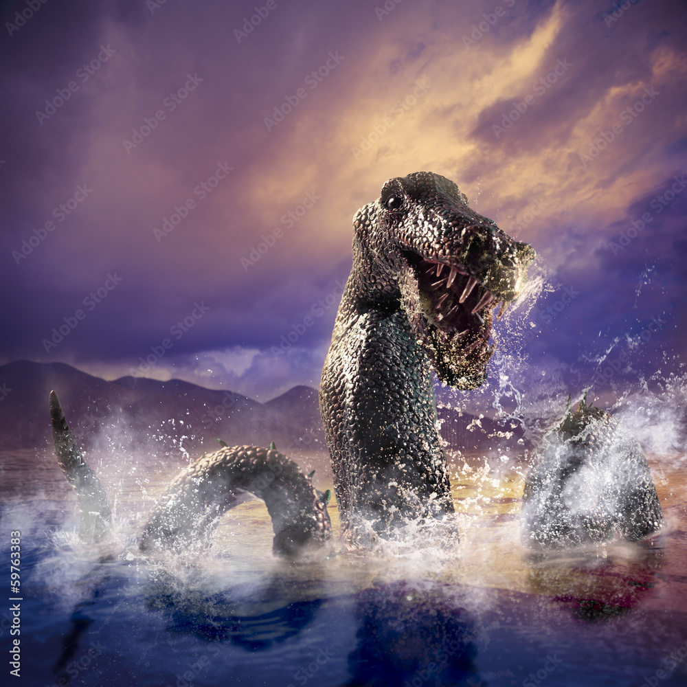 Naklejka premium Scary Loch Ness Monster emerging from water