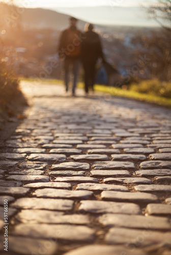 couple walking on cobblestone foot path