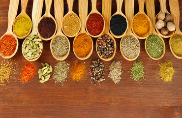 Papier peint photo Cuisine Assortment of spices in wooden spoons on wooden background  © Africa Studio