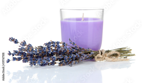 Lavender candle with fresh lavender, isolated on white