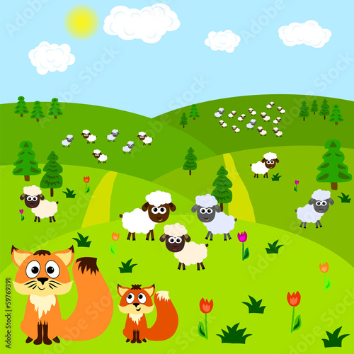 Cartoon background with fox and sheeps