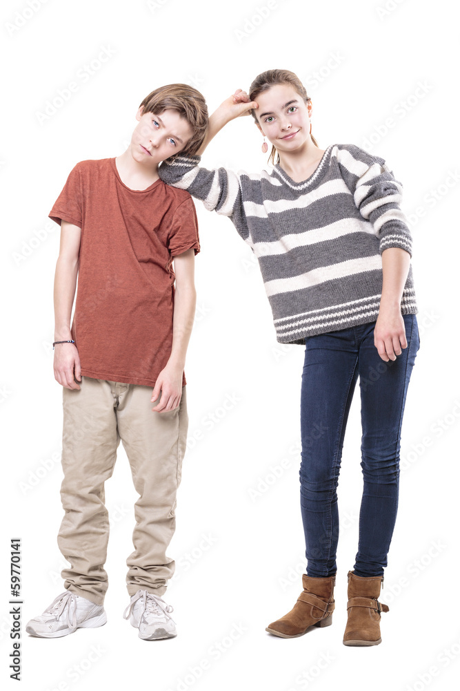 woman rest on mens shoulder with here elbow, isolated on white woman rest on mens shoulder with here elbow, isolated on white