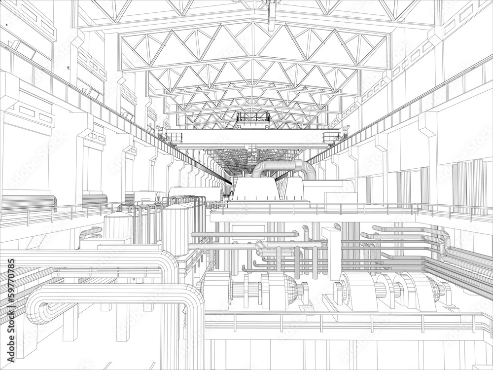 Gantry crane in a factory environment. Wire-frame. Vector format