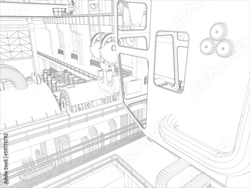 Gantry crane in a factory environment. Wire-frame. Vector format