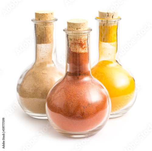 Bottles With Indian Spices Turmeric, Biryani And Kashmiri