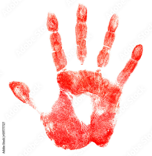 Fotografie Bloody red hand print isolated on white