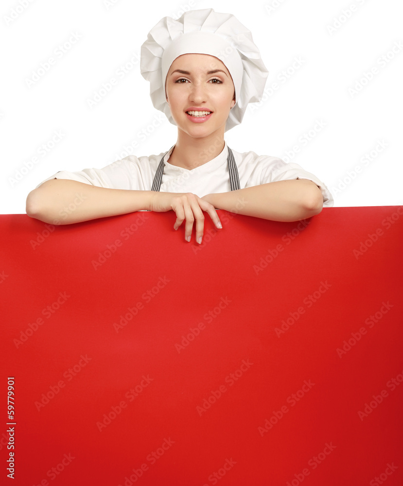 Happy woman cook or baker holding over paper sign billboard. Happy woman cook or baker holding over paper sign billboard.