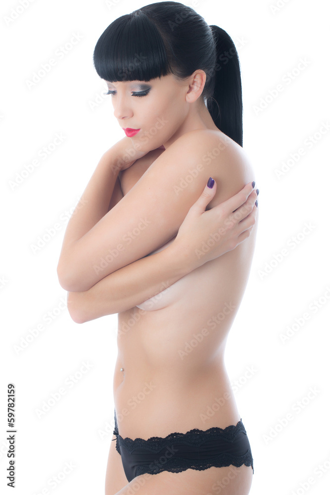 Topless Young Woman Wearing Black Panties Stock Photo