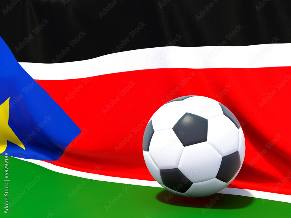 Flag of south sudan with football in front of it Flag of south sudan with football in front of it