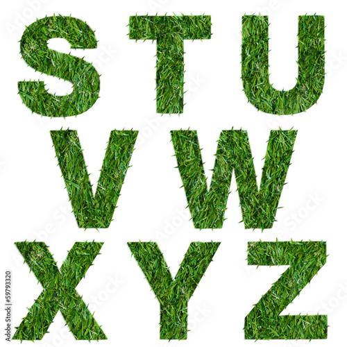 Letters s,t,u,v,w,x,y,z made of green grass isolated on white