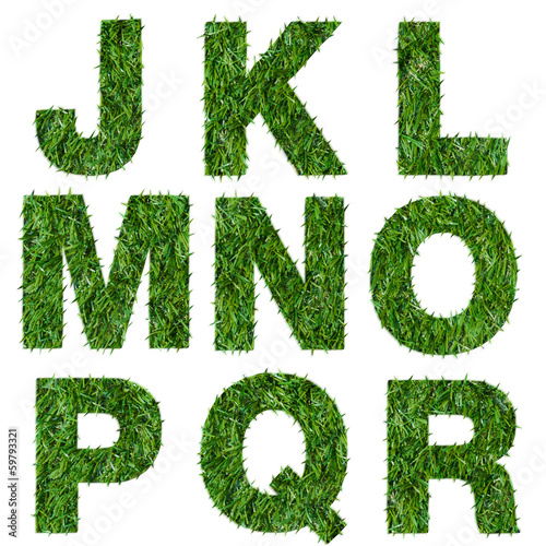 Letters j,k,l,m,n,o,p,q,r made of green grass isolated on white