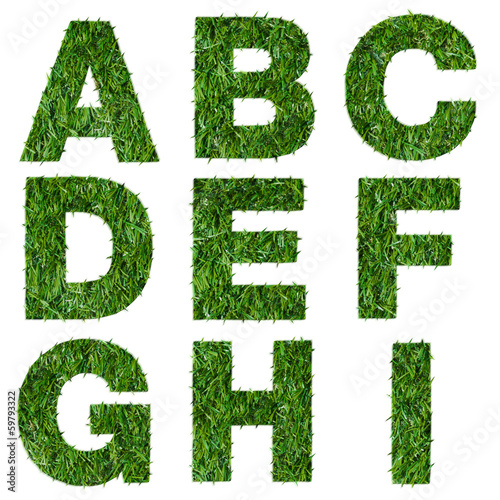 Letters a,b,c,d,e,f,g,h,i made of green grass isolated on white