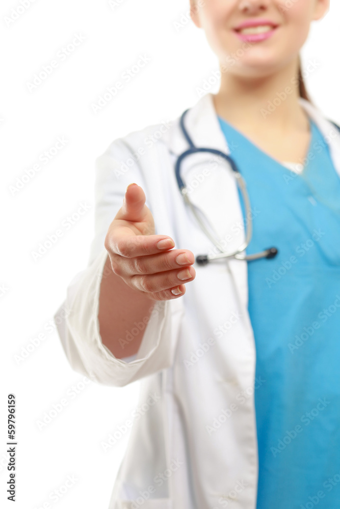 A female doctor's handshake, isolated on white background. A female doctor's handshake, isolated on white background.