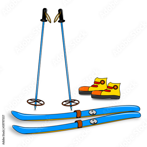 Equipment for skiers - skis, boots, poles - Illustration