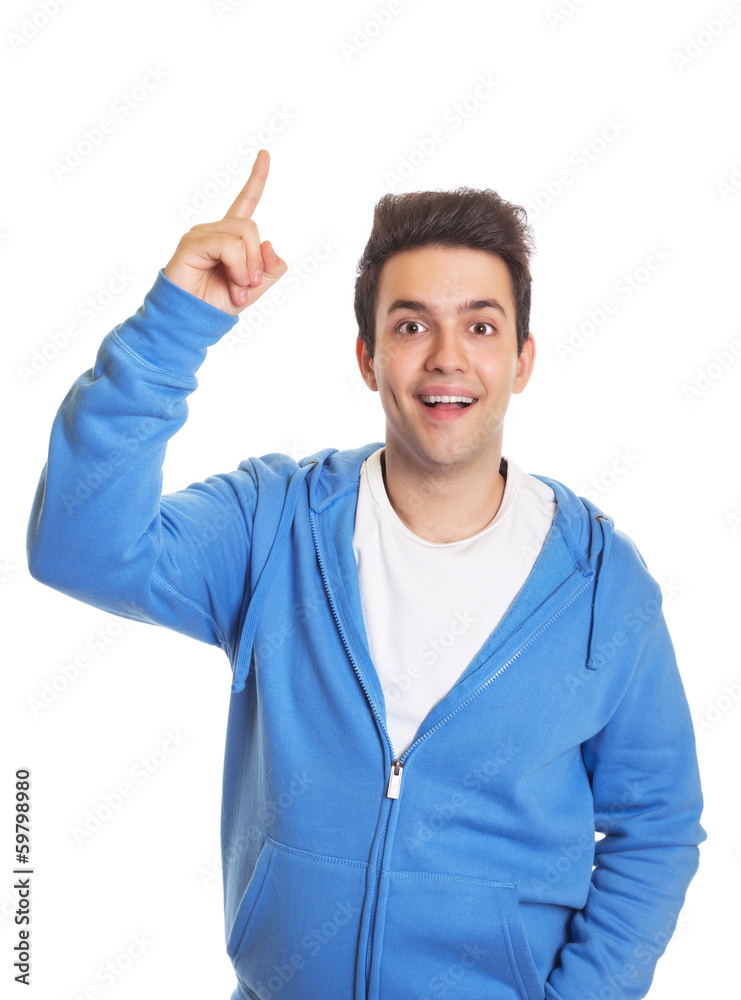 Hispanic guy pointing upwards Hispanic guy pointing upwards