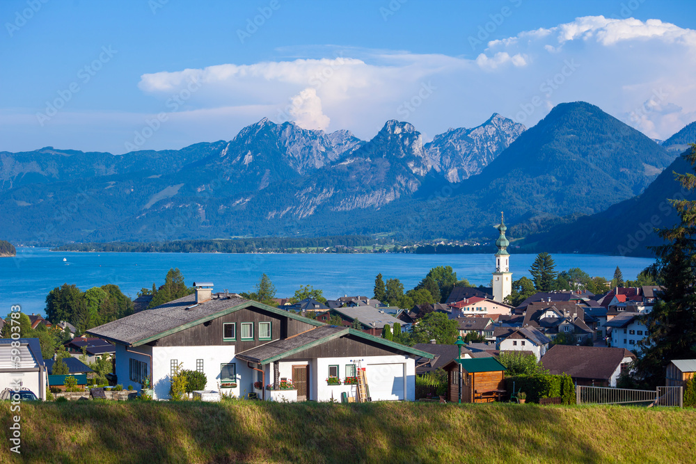 Fototapeta premium St. Gilgen and Wolfgang See lake with Sparber and Bleckwand peak