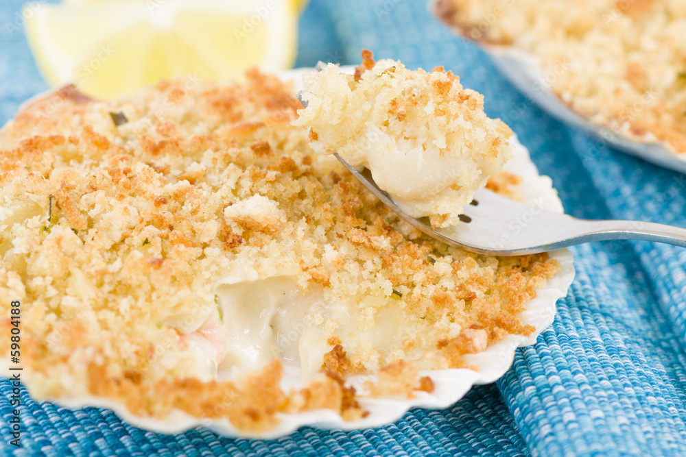 Scallop & Prawn Gratin with thermidor sauce Stock Photo Adobe Stock