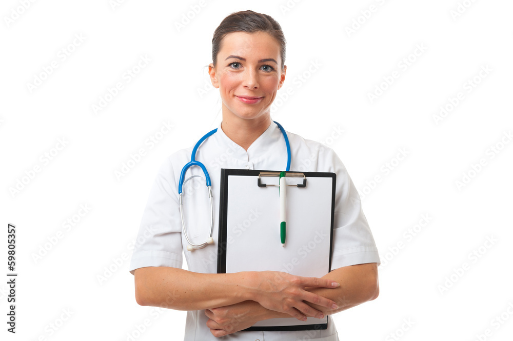 Attractive smiling Woman doctor with stethoscope on neck and bla Attractive smiling Woman doctor with stethoscope on neck and bla