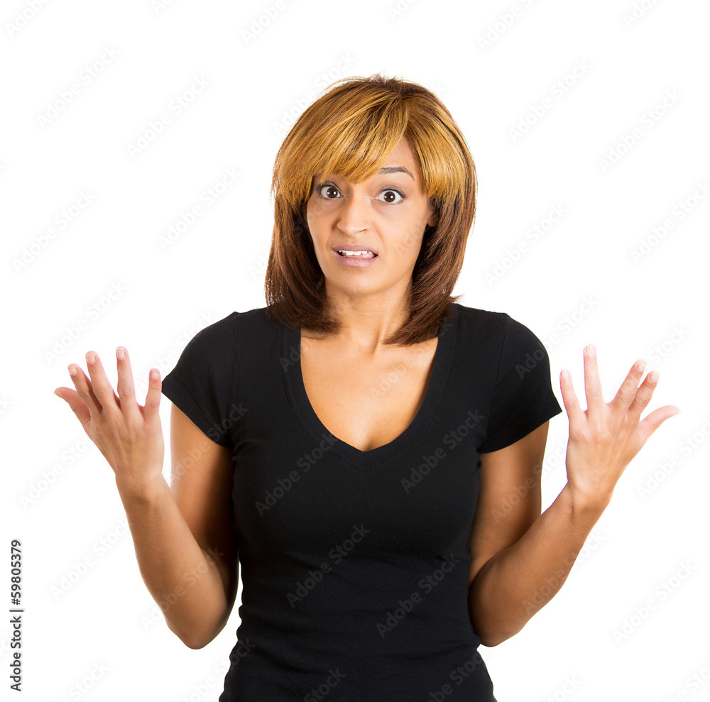 Unhappy annoyed clueless woman asking so what? Unhappy annoyed clueless woman asking so what?
