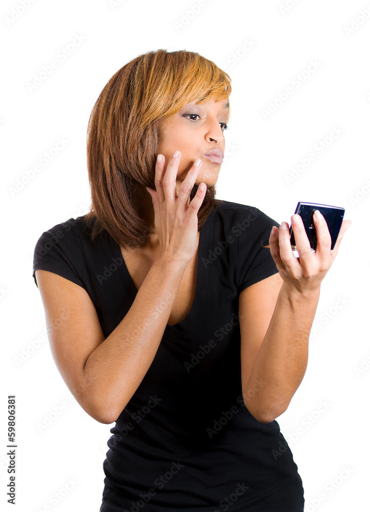 young cocky woman looking admiring her face hair in mirror young cocky woman looking admiring her face hair in mirror