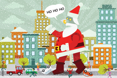 Giant Santa Claus is attacking the city
