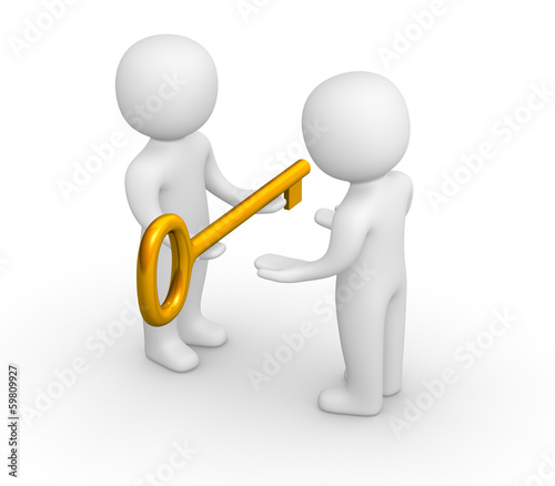 3d man giving golden key to another person
