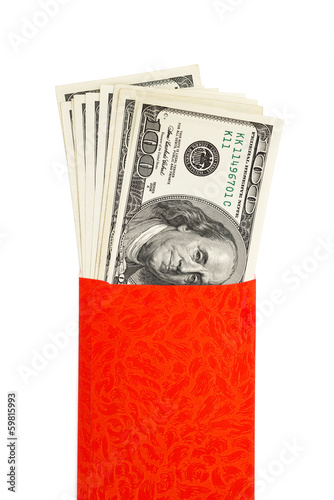 US currency in red pocket with clipping path photo