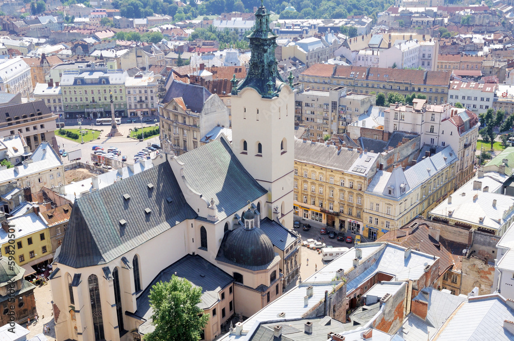 Bird-eye view of Lviv old town with Dominican cathedral in the c