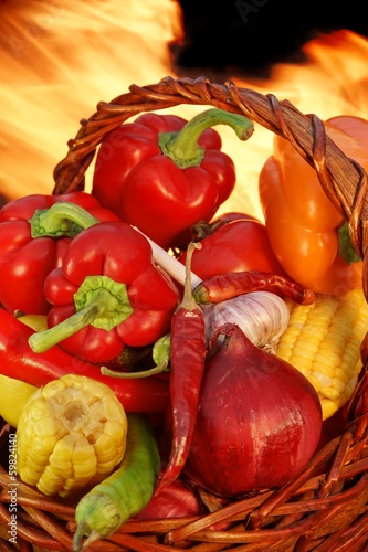 Wicker Basket wtth Vegetables at the Open Fireplace XXXL photo