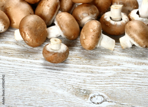Brown mushroom on white wood background