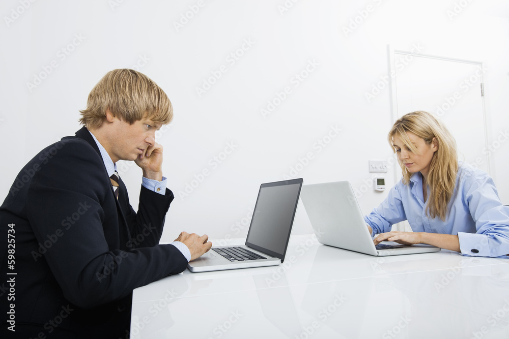 Businesspeople working on laptops in office Businesspeople working on laptops in office
