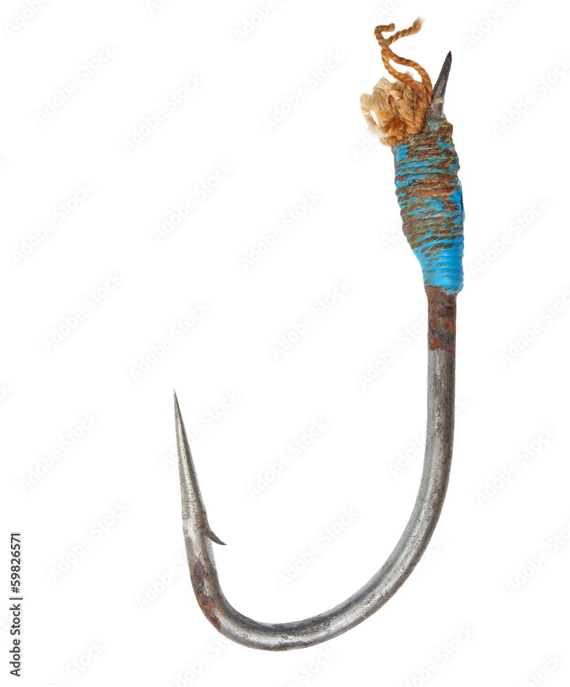 Big old fishing hook (for sturgeon fish) isolated on white Stock Photo
