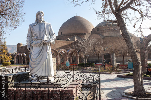 Blue mosque and Khaqani poet statue, Tabriz, Iran.. photo