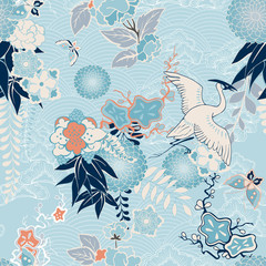 Canvas schilderij Japanse stijl patronen Kimono patroon met kraanvogel en bloemen  © Macrovector