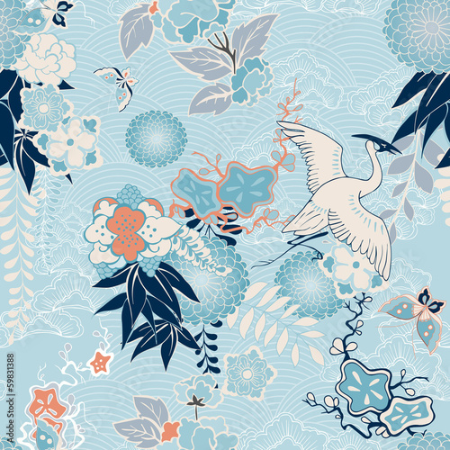 Stampa su tela Kimono background with crane and flowers