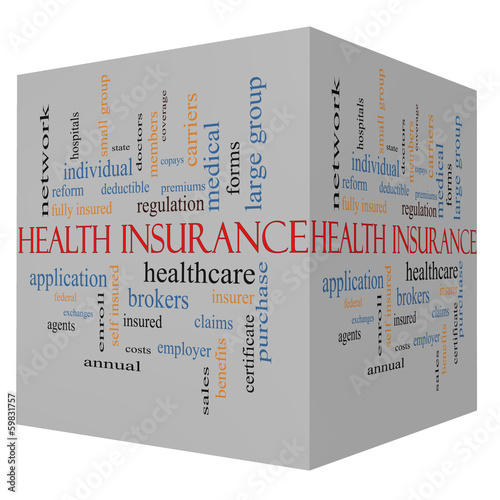 Health Insurance Word Cloud Concept on a 3D Cube photo