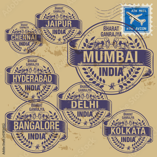 Grunge rubber stamp set with names of India cities