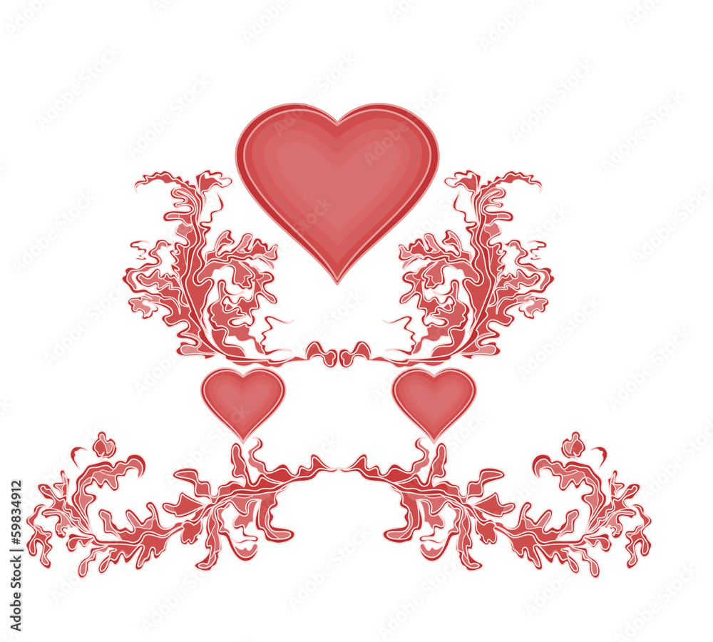 Valentine Greeting with three red hearts and ornaments