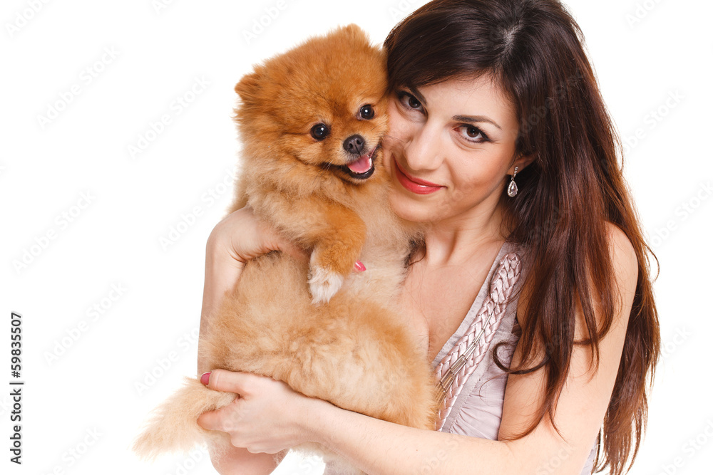 Happy woman with a beautiful dog - isolated over white Happy woman with a beautiful dog - isolated over white