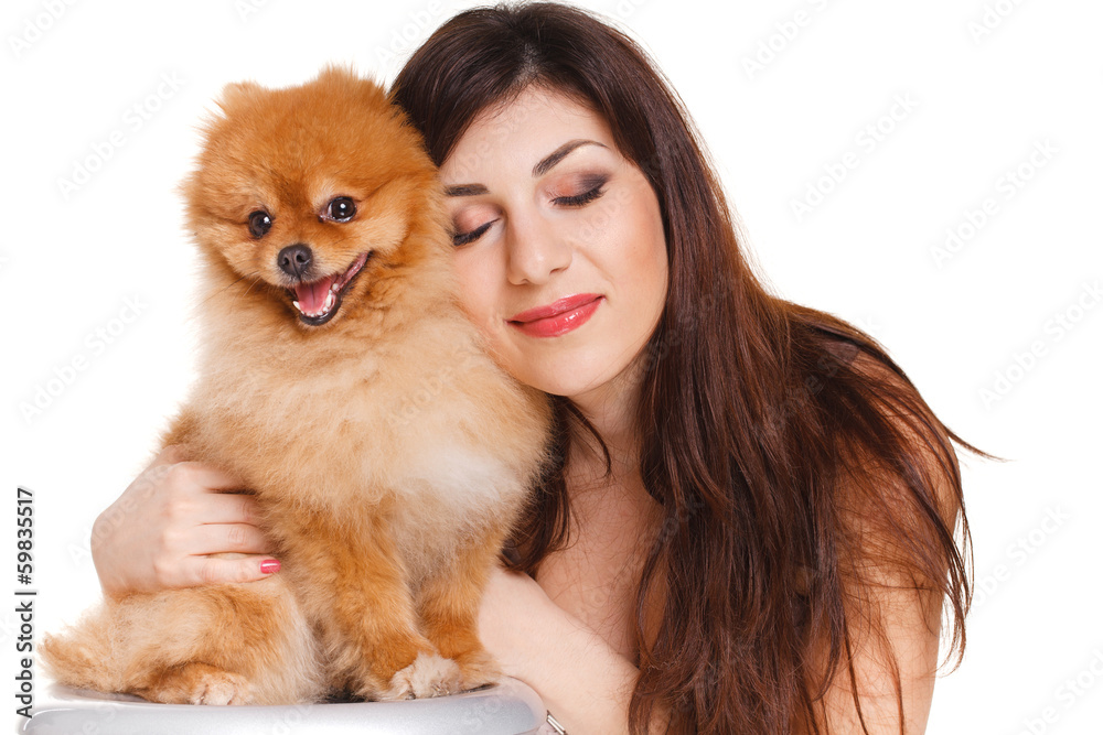 Happy woman with a beautiful dog - isolated over white Happy woman with a beautiful dog - isolated over white
