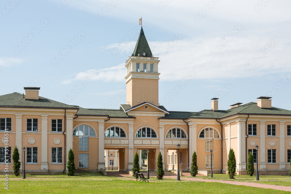 Big beautiful mansion with tower and a green lawn