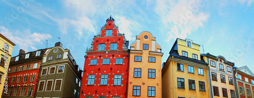 Canvas Print Red and Yellow iconic buildings on Stortorget in Stockholm