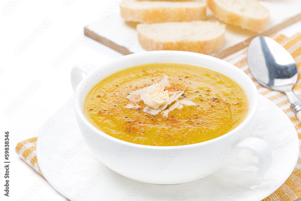 Cream soup of yellow lentils with vegetables in a bowl Cream soup of yellow lentils with vegetables in a bowl